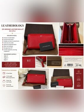 Leatherology Red Apple Zip Around Leather Wallet RT Monogram Zip Wallet Box NIB